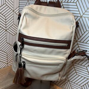 Cream and Brown Vegan Leather Convertible Backpack